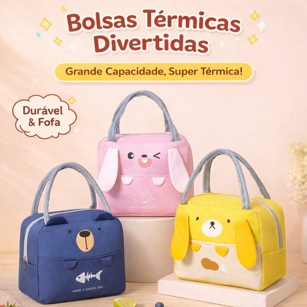 Bolsa Lancheira Térmica Porta Marmita Infantil | Isolamento Térmico | Design Fofo com Orelhinhas | Grande Capacidade