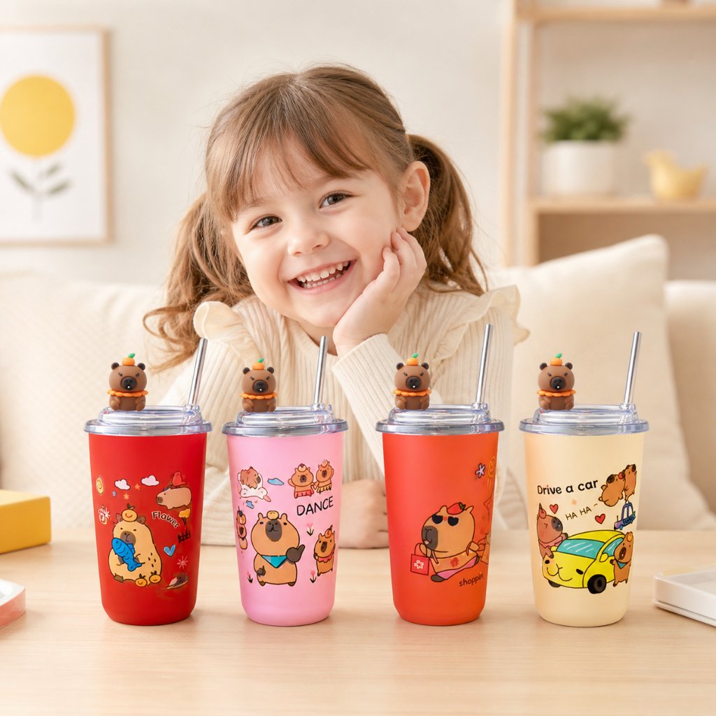 Copo Térmico 450ml Inox com Tampa e Canudo Copo Infantil Cute Isolado Bebida Fria/Quente