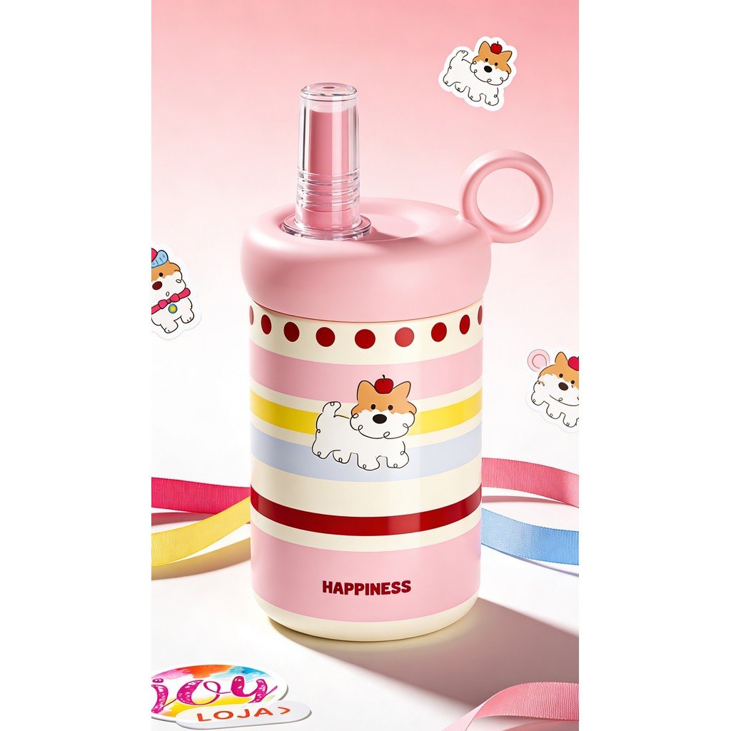 Garrafa Térmica Cute 500ml Inox 316 com Canudo e Alça – Copo Infantil Rosa Desenho Fofo