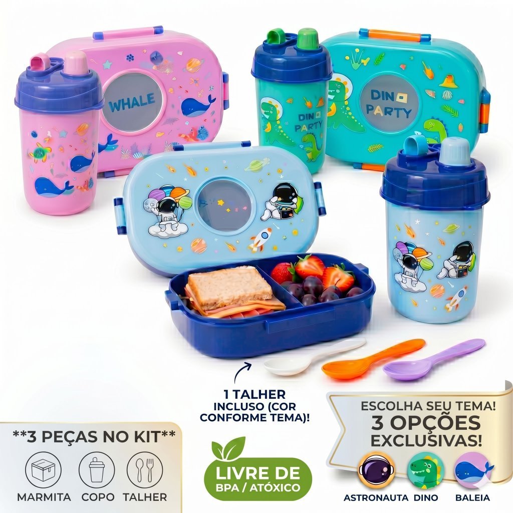 Kit Lancheira Escolar Infantil 3 Peças Marmita C/ Divisórias Copo e Talher BPA Free Menino Menina