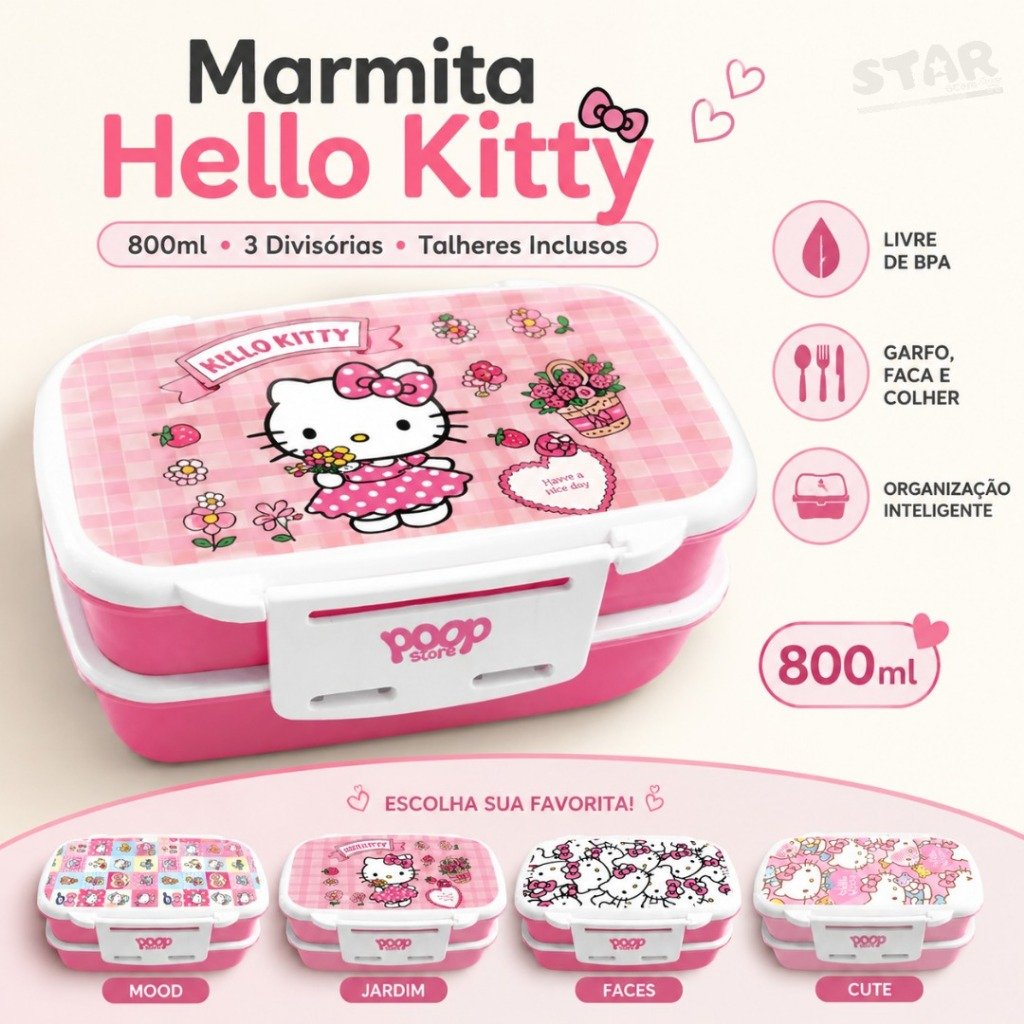Marmita Hello Kitty 800ml 3 Divisórias com Talheres Lancheira Escolar Infantil BPA Free