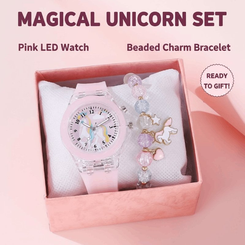 Relógio Luminoso Para Crianças Menino E Menina Unicórnio Pulseira De Quartzo Conjunto Rosa Azul Branco Presente De Volta